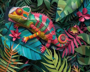 paper cut Colorful chameleon in the jungle. Tropical and exotic wildlife