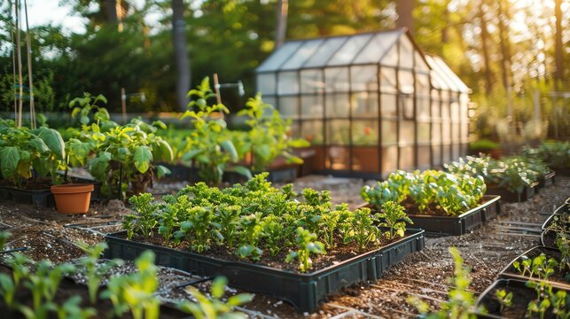 Create a serene image of a vegetable greenhouse with plants growing and ample room for text.