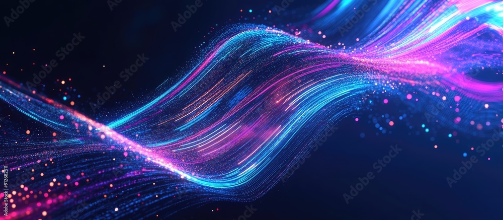 Poster vibrant neon lines flowing abstractly on dark blue background representing digital technology data n