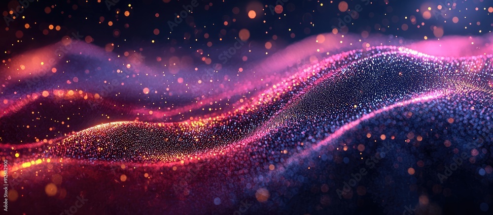 Poster dynamic wave of particles in an abstract gradient hologram background featuring digital technology a