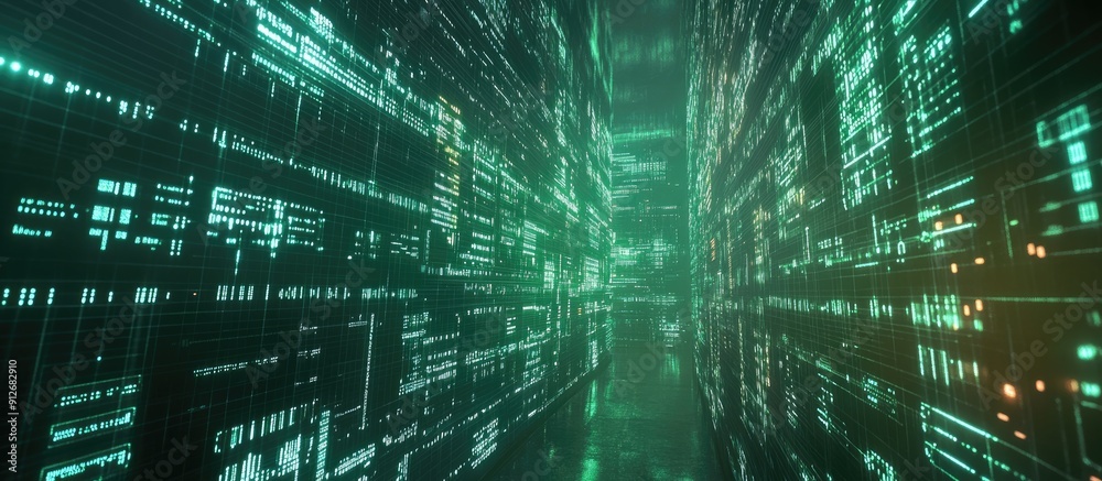 Poster futuristic digital matrix display featuring encrypted data telemetry ideal for high tech computer de
