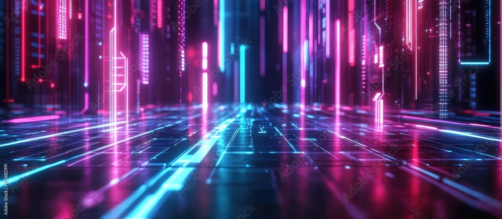 Poster futuristic neon light background with reflective floor abstract virtual reality and internet data ne