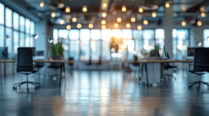 Empty open office space with a blurred background and soft bokeh lights, ideal for design concepts