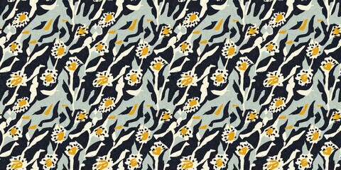 Modern printed fabric flower block print pattern with linen texture effect. Stylized boho dark floral for chic fashion background motif border design.