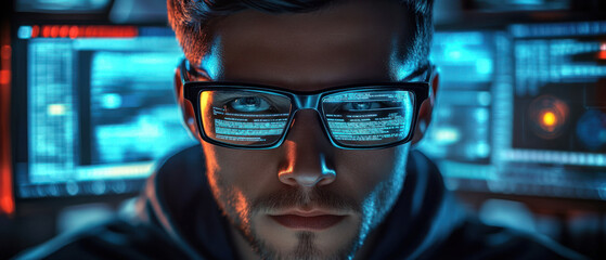 Ethical hacker,  An ethical hacker at a workstation, surrounded by screens that display real-time analytics of cyber threats. The hacker, wearing glasses and a hoodie, is executing