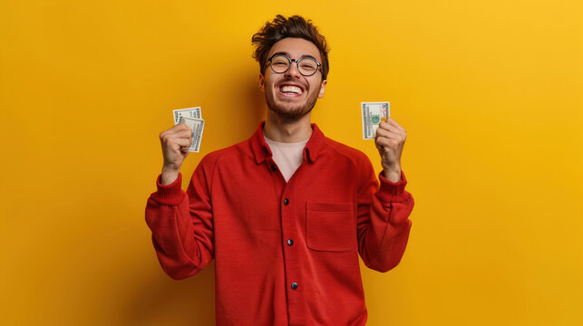 Enthusiastic young man with money, fist in the air, happy and appreciative of his earnings