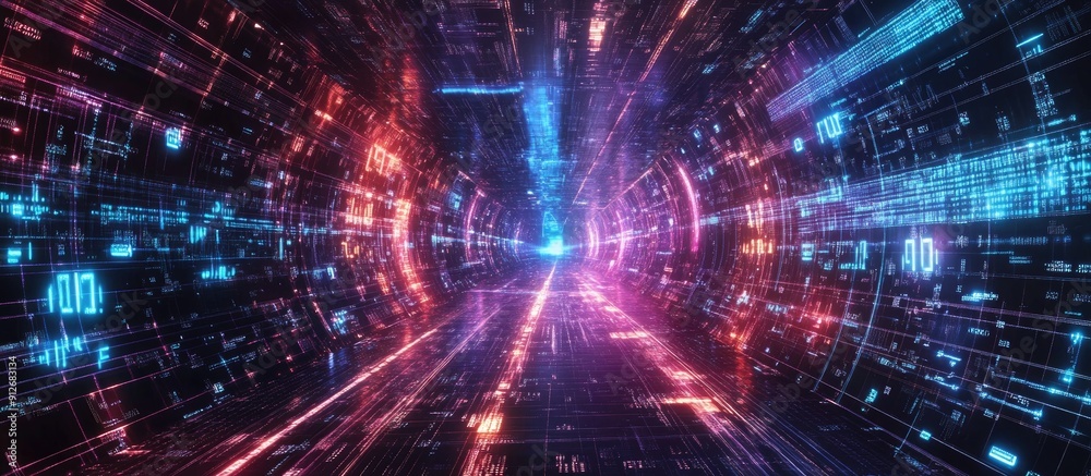 Poster futuristic metaverse concept featuring high tech digital data telemetry with encrypted numbers and a