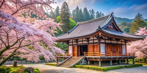 Fototapeta premium Serene Japanese temple among cherry blossoms in full bloom, capturing the essence of spring, Japan, temple