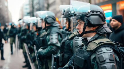 Obraz premium A line of riot police officers in protective gear and helmets with visors standing on a city street prepared for crowd control.