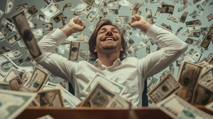 Businessman beaming with happiness, surrounded by piles of dollar bills at his office desk