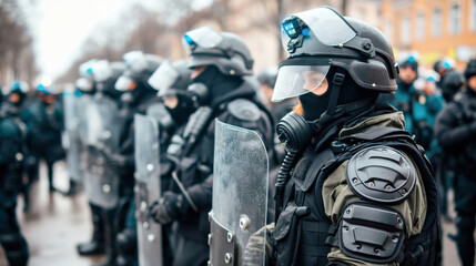 A group of riot police officers in full protective gear with shields and helmets standing in formation on a street.