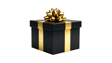 Elegant black gift box adorned with a luxurious gold ribbon and bow isolated on transparent background 
