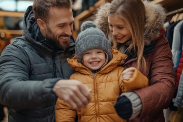 A cheerful family of three enjoying a winter day together at an outdoor market, bundled up in warm clothes, expressing love and happiness through their smiles.