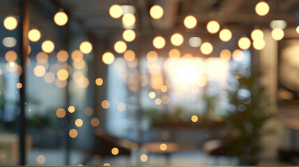 Abstract light bokeh in a blurred open office layout, providing a contemporary and clean background