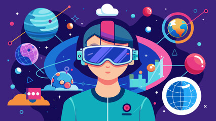 Naklejka premium Person Using Virtual Reality Glasses in a Virtual World Scene. Perfect for: Tech Shows, Gaming Events