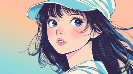 Adorable anime girl with a sailor hat, looking adventurous, in vector style