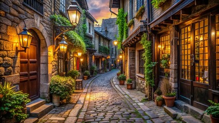 Fototapeta premium Ancient cobblestone alleyway lined with historic buildings, ornate lanterns, and rustic storefronts, transporting viewers to a bygone era of tranquility and mystique in Old Town.