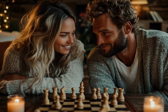 A couple enjoying a chess game by candlelight, smiling and connecting over the strategic challenge, representing bonding, intellect, and a cozy, intimate atmosphere.
