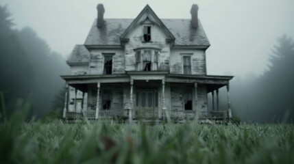 A haunted Victorian house with ornate architecture and ghostly figures visible through the windows