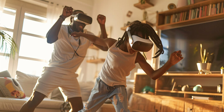 A father and son are having a great time playing virtual reality games together in their living room.