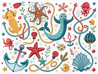 Fototapeta premium Whimsical nautical illustrations of anchors, ropes, and sea creatures in bold lines and bright colors dance across a crisp white background, evoking a sense of carefree adventure.