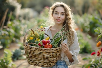 Young woman with fresh harvest in wicker basket in garden.