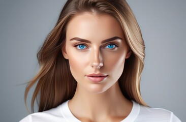 Naklejka premium young woman in white t-shirt and natural hairstyle on gray background. pretty model with blue eyes