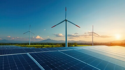 A scenic view of solar panels and wind turbines under a bright blue sky during sunset, symbolizing renewable energy.