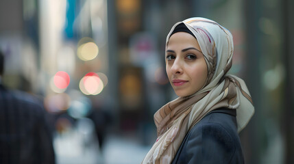 Fototapeta premium Middle Eastern woman in hijab and modern business attire in financial district 