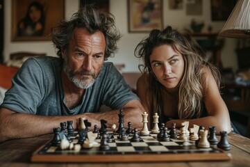 An intense moment captured of a man and woman deeply concentrating on a game of chess, highlighting their focus, strategy, and intellectual engagement in a serene setting.