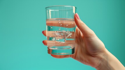 Female hand with one glass of water on light blue backgroun, copy space.