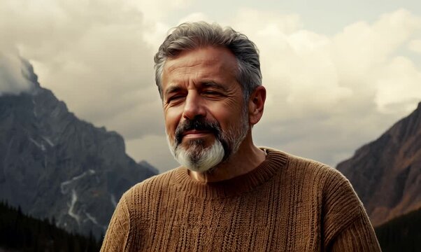Portrait of a middle-aged man with a gray beard and mustache in a warm sweater on the background of mountains