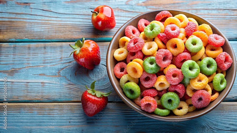 Canvas Prints Healthy apple strawberry vegetable and fruit flavored breakfast cereal rings , breakfast, cereal, rings, apple, strawberry