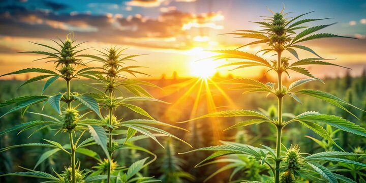 Vibrant hemp plants sway in a sun-kissed field, with the intricate CBD chemical structure overlaid, symbolizing the plant's potent, naturally occurring compounds.