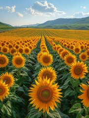 Fototapeta premium Vibrant sunflower field stretching toward a bright blue sky. Rows of golden flowers create a breathtaking view. Ideal for nature photography and landscape enthusiasts. AI