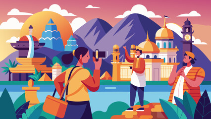 Fototapeta premium Travelers Taking Photos at Exotic Cultural Sites. Perfect for: World Tourism Day, Cultural Festival, Travel Fair