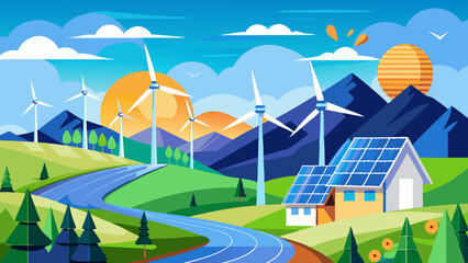 Wind Turbines and Solar Panels in Scenic View. Perfect for: Earth Day, Environmental Awareness Week, Clean Energy Summit