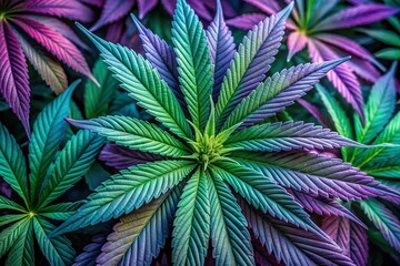 Vibrant green and purple hues dance across the intricate, ridged texture of cannabis leaves, showcasing their natural, organic beauty and mesmerizing detailing.