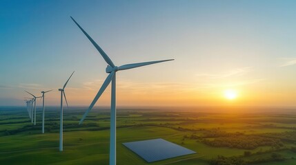 Fototapeta premium Aerial view of wind turbines at sunrise, showcasing renewable energy in a vast green landscape under a colorful sky.