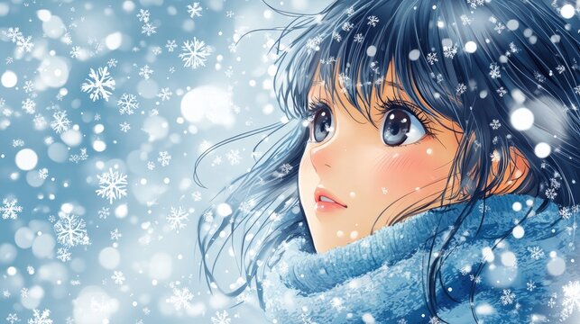 Cute anime girl with a snowflake background, looking wintry, in vector style