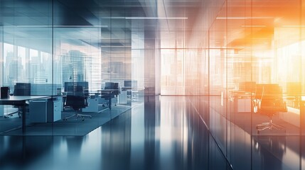 Naklejka premium Modern corporate office interior with glass partitions and empty workstations illuminated by warm sunset light.