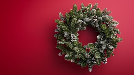 Classic christmas wreath on red background with ample space for personalized text overlay