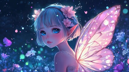 Cute anime girl with fairy wings, looking enchanting, in vector style