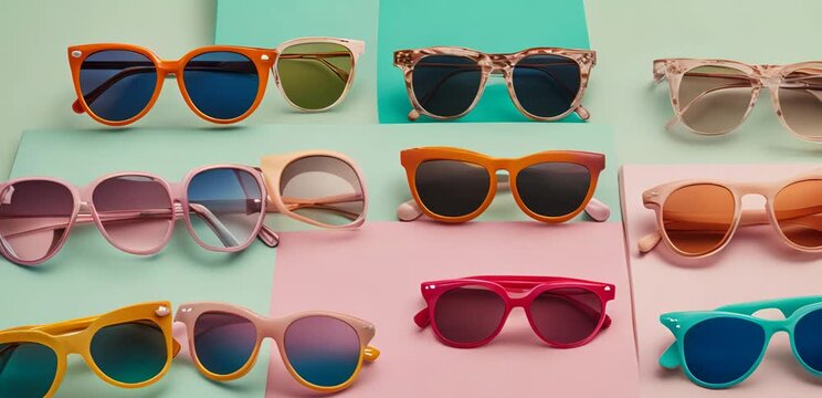 A vibrant display of sunglasses showcasing various colors and styles, emphasizing summer fashion trends in a creative arrangement.