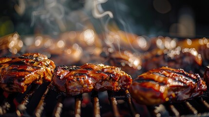 Grilled chicken thighs sizzling on a barbecue, perfect for summer gatherings and outdoor feasts with friends and family.