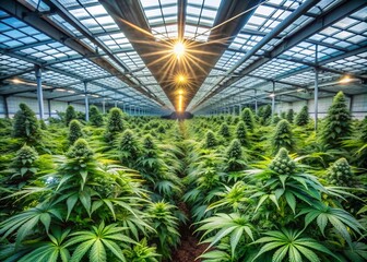 Inside a massive climate-controlled greenhouse, rows of thriving, vibrant green cannabis plants stretch towards the ceiling, their glossy leaves and buds reaching for the light.