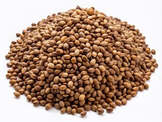 A neatly arranged heap of brown hemp seeds on a crisp white background, perfect for cannabidiol, nutrition, and sustainable living themed visual projects.