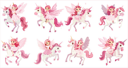 Obraz premium Cute fairy riding horse, Set of fairy riding unicorn horse, Unicorn and fairy