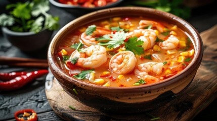 A vibrant bowl of shrimp soup garnished with fresh herbs and spices. Perfect for food lovers seeking delicious cuisine.