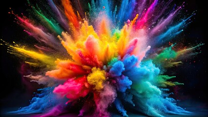 Fototapeta premium Vibrant multicolored powder explosion against a dark smoke-filled background, vibrant, multicolored, powder